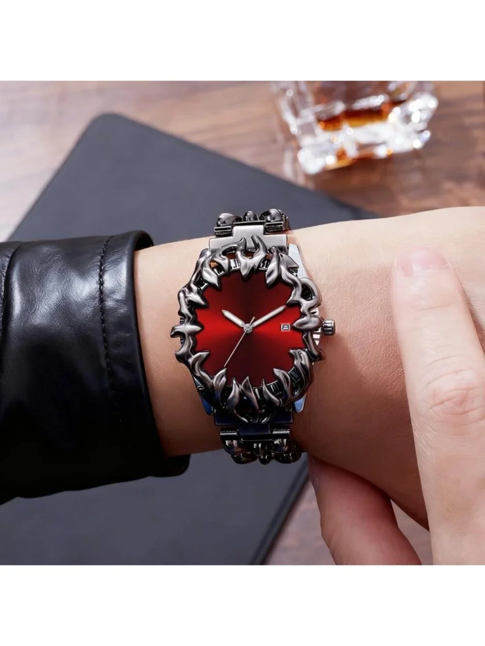Men's Red Quartz Gothic Claw Unique Stainless Steel Luminous Waterproof Watch